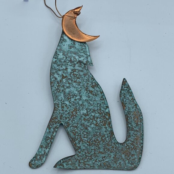 Set of 3 Rustic Metal Ornaments - Green Cat, Copper Moon Wolf, Gold Wire Tree - Picture 7 of 9